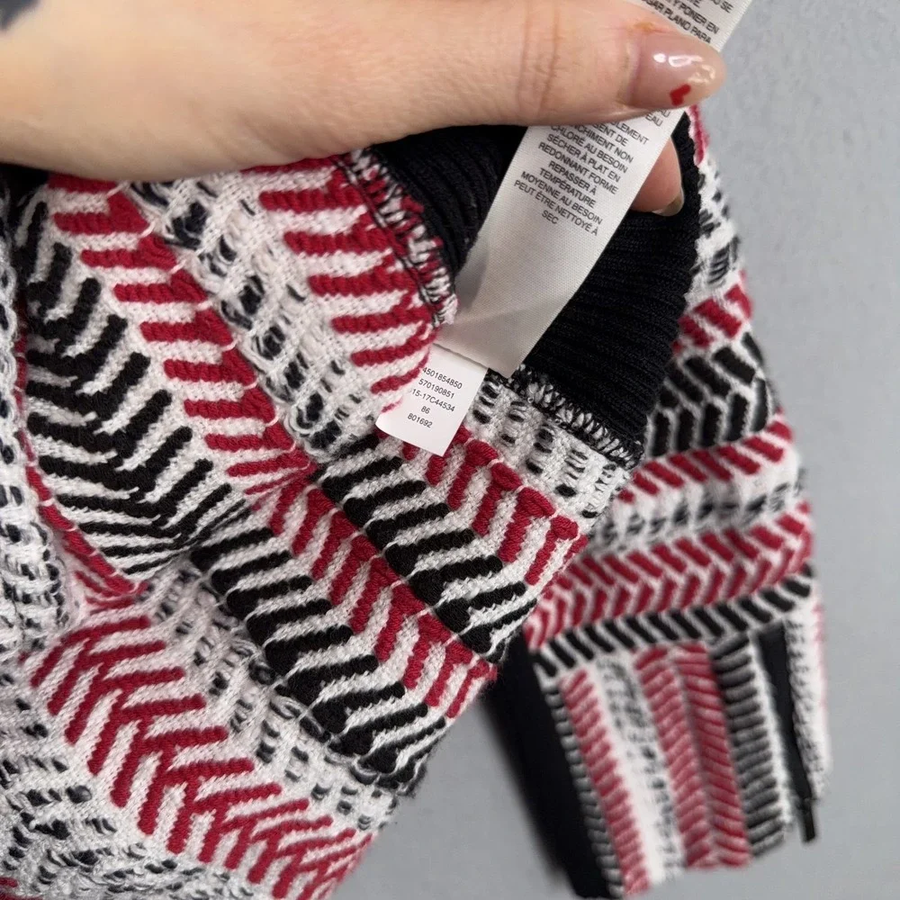 Chicos Cardigan Sweater Womens 0 Red Black White Full Zip Chevron Asymmetrical